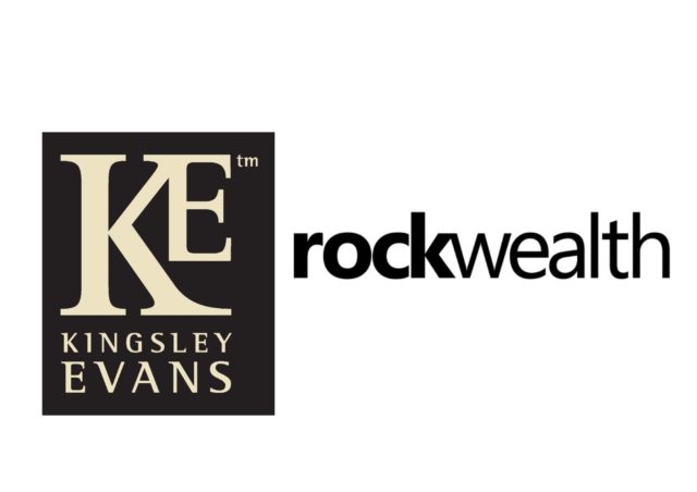 Kingsley Evans logo, featuring KE in large letters above Kingsley Evans on a dark square, next to the rockwealth logo in black lowercase on white—reflecting prestige similar to Sport at Cheltenham College.
