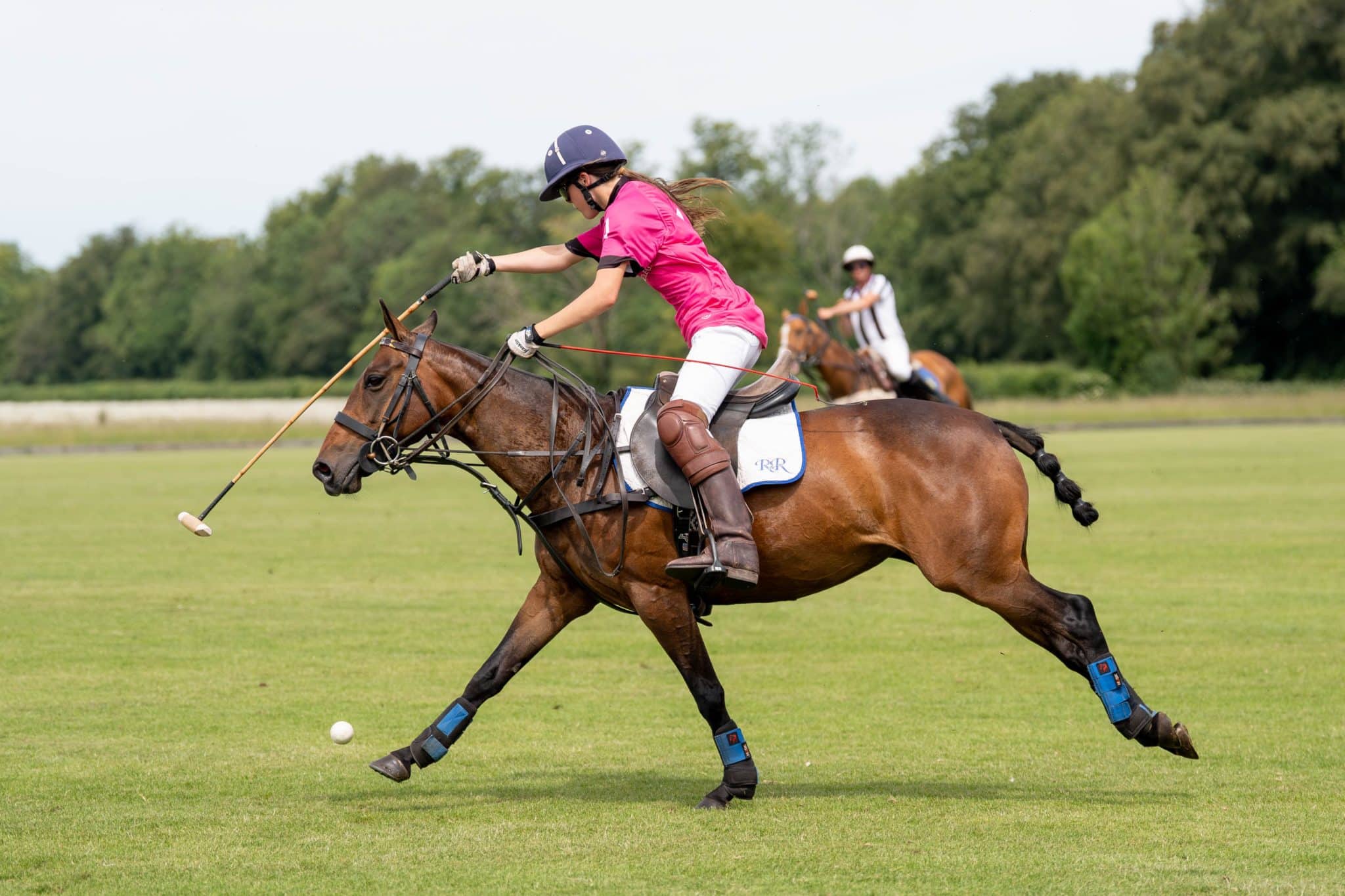 A polo player in a pink shirt and helmet rides a galloping horse, swinging a mallet towards a ball on a grassy pitch, with another player in the background.
