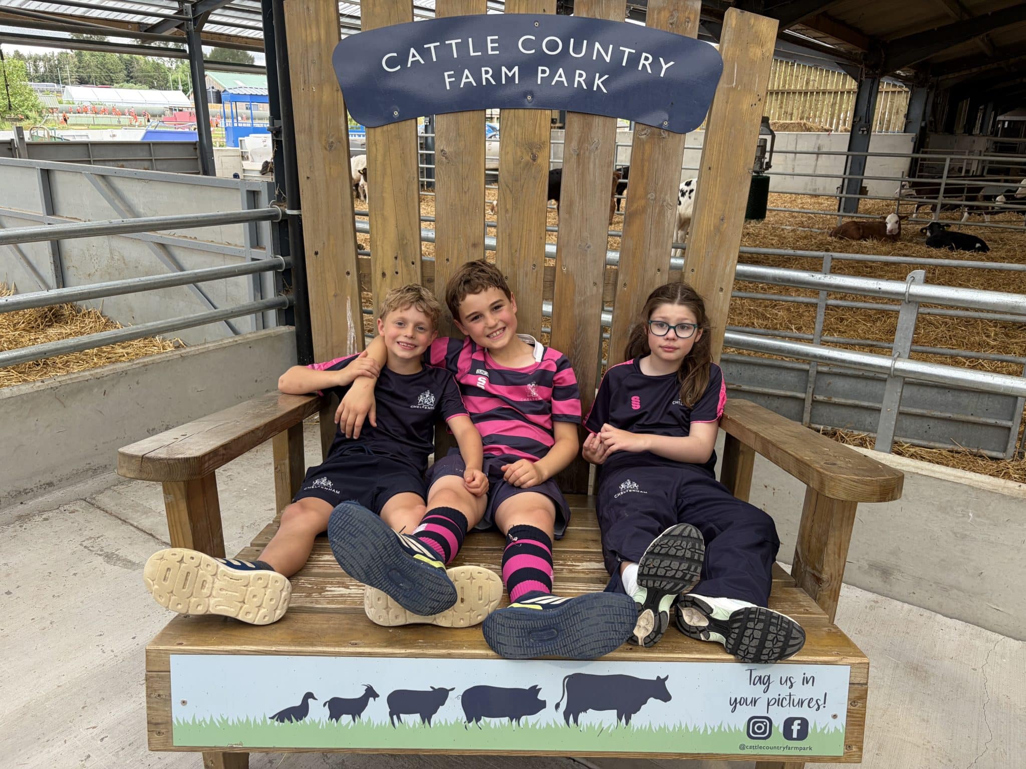 Three children sit on a large wooden chair at Cattle Country Farm Park, smiling and posing for a photo. The chair has a sign with the park's name and animal silhouettes on it. Barn stalls are visible in the background.