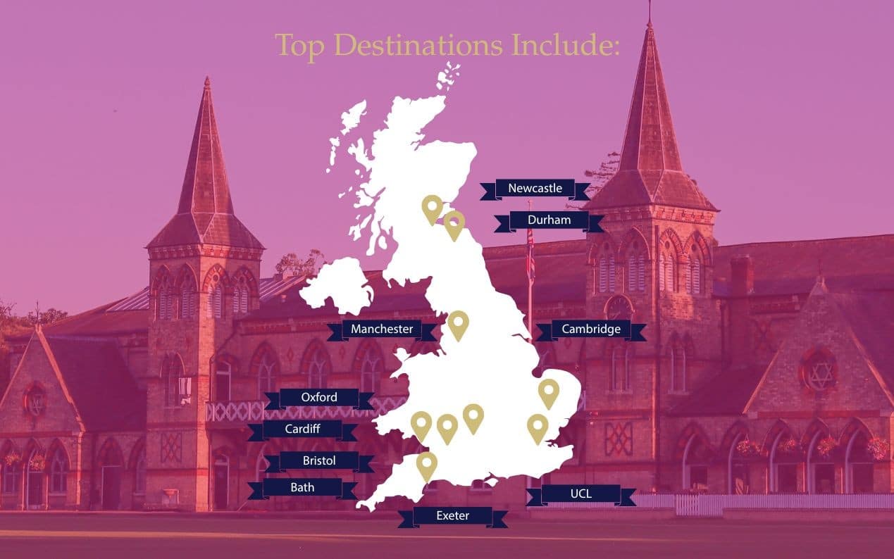A map of the UK shows top university destinations, highlighting Newcastle, Durham, Manchester, Cambridge, Oxford, Cardiff, Bristol, Bath, Exeter, and UCL—with an historic building in the background—showcasing the impressive 2026 Sixth Form Results from Cheltenham College.