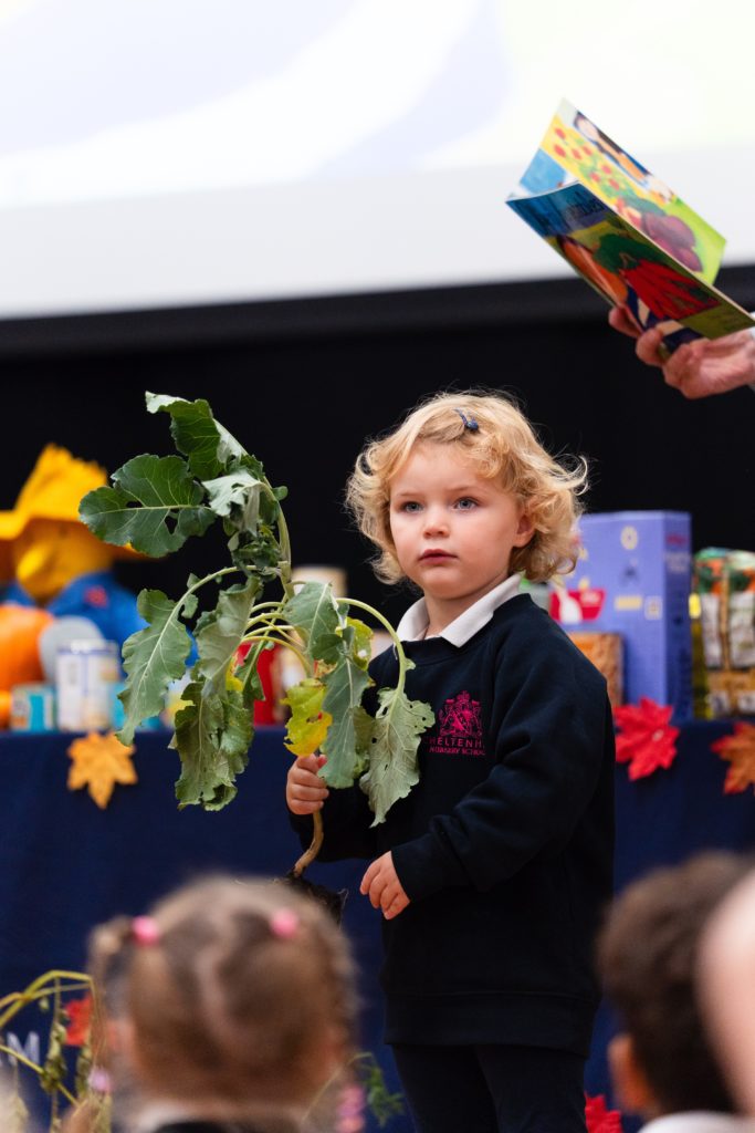 A young child in a school uniform holds a leafy vegetable plant during a Cheltenham Prep Harvest Festival Assembly whilst an adult reads from a book.